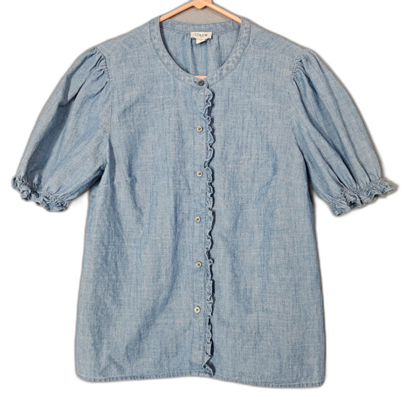 J. Crew Chambrey Cottage Puff Sleeve Ruffled Size Small Button up shirt - Picture 3 of 8